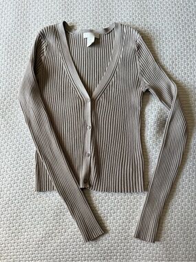 Ribbed V-Neck Button Cardigan - Beige Taupe